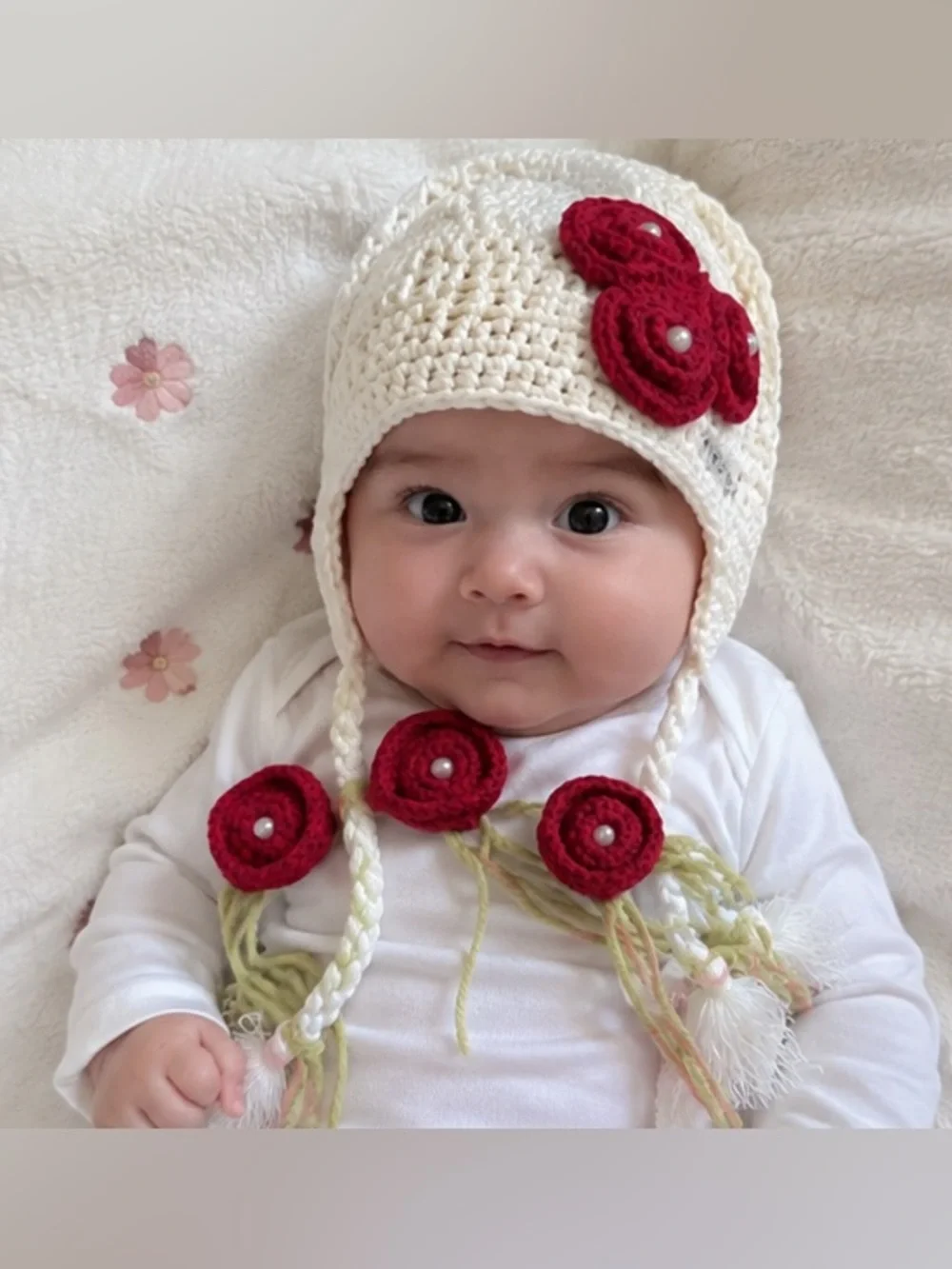 Crochet Baby Hat with Red Flower Accents - Kids Accessories